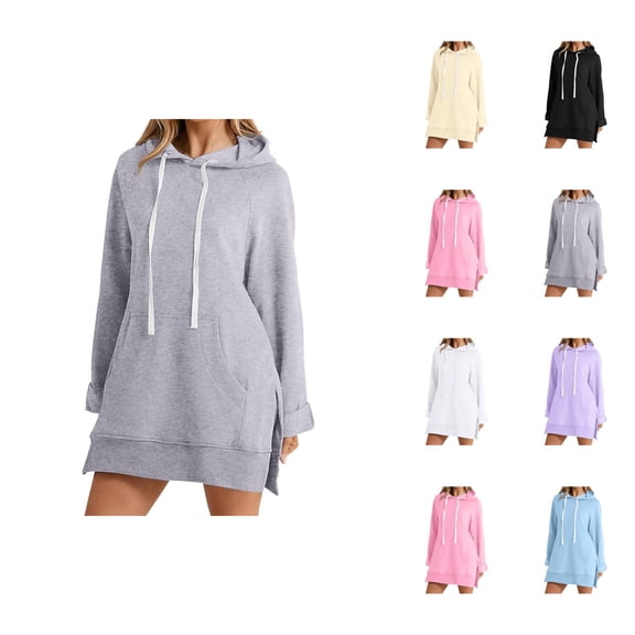 Womens Hoodie Dress 2026 Fall Winter Trendy Long Sleeve Side Split Hem Hooded Sweatshirt Dress with Pockets Pullover Top