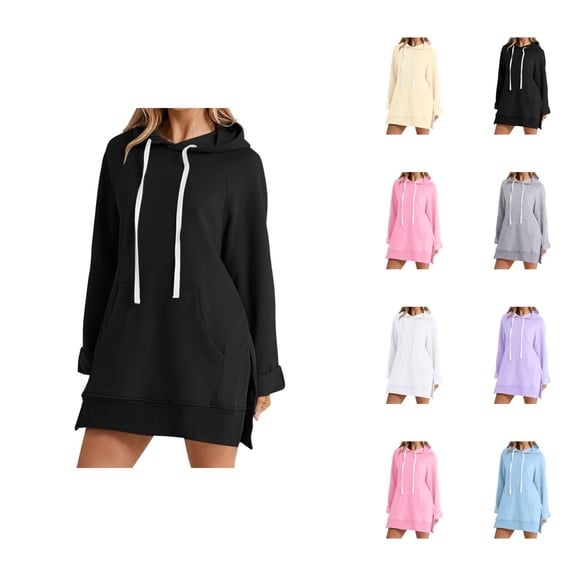Womens Hoodie Dress 2026 Fall Winter Trendy Long Sleeve Side Split Hem Hooded Sweatshirt Dress with Pockets Pullover Top