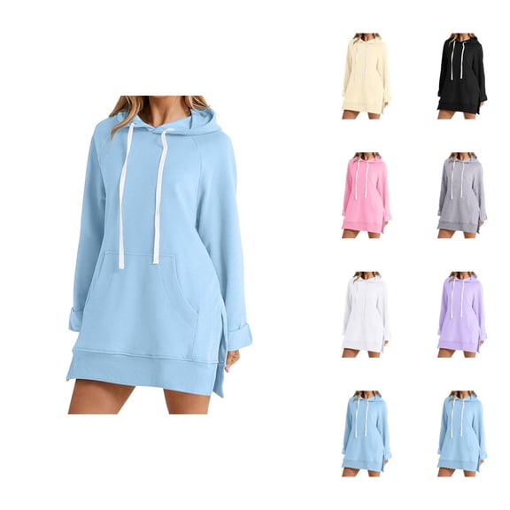 Womens Hoodie Dress 2026 Fall Winter Trendy Long Sleeve Side Split Hem Hooded Sweatshirt Dress with Pockets Pullover Top