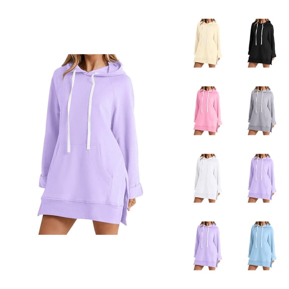 Womens Hoodie Dress 2026 Fall Winter Trendy Long Sleeve Side Split Hem Hooded Sweatshirt Dress with Pockets Pullover Top