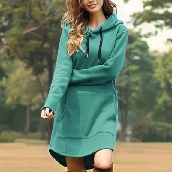 Womens Hoodie Dress, Long Sleeve Pullover Dress with Pocket for Casual Wear, Knee Length Dress