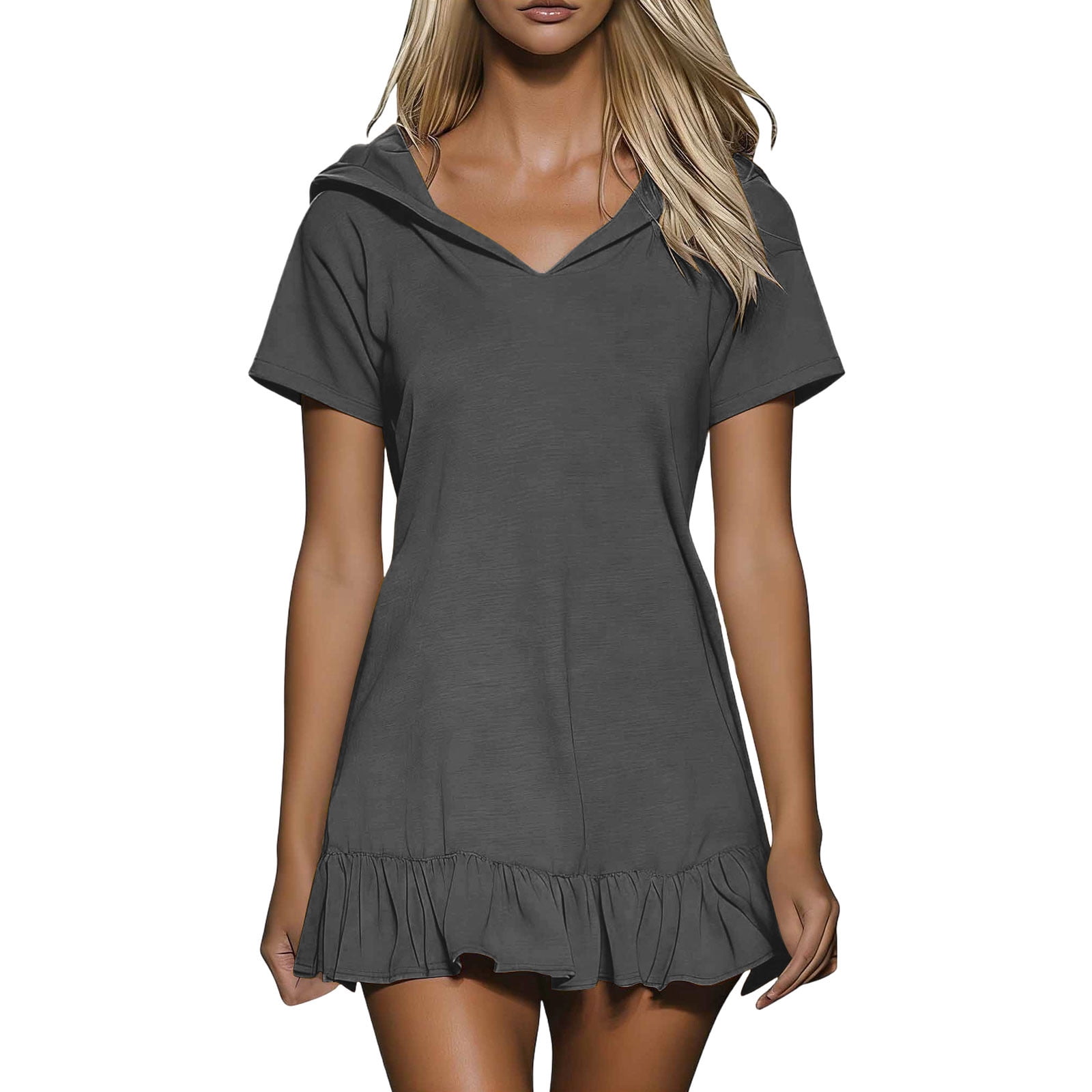 short hoodie dress Bazeneo Womens Hoodie Dress V-Neck Casual Summer T Shirt Dress 2026 Loose Fit Short Sleeve Tunic Ruffled Hem Mini Dresses, Women's, Size: Medium,