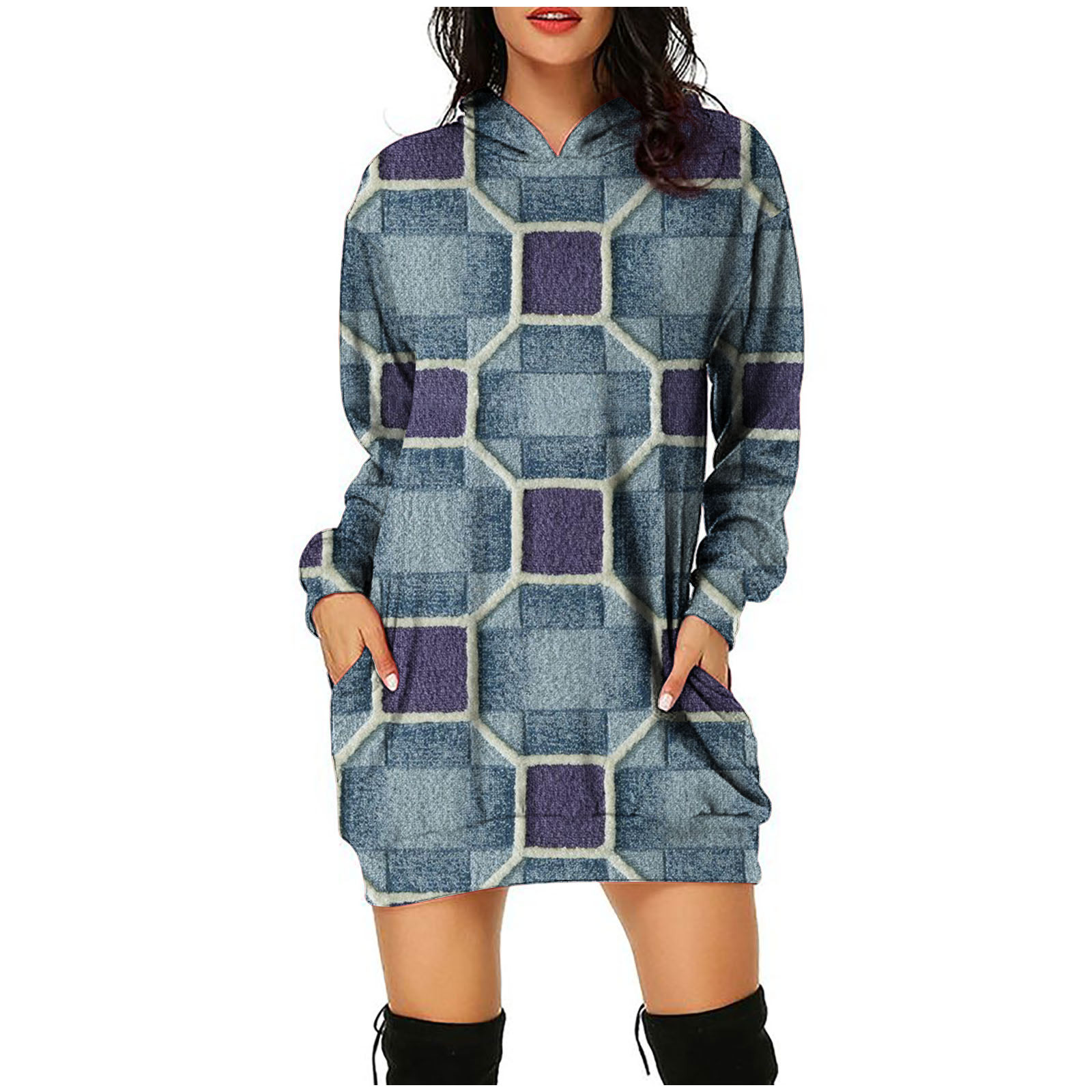 Womens Hoodie Dresses,Women's Fashion Print Hooded Sweatshirts Dress Casual Loose Long Sleeve