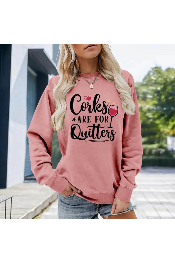 Womens Hoodie Everyday Versatile Letter Print Long Sleeve Crew Neck Pullover Sweatshirt Women's Sweatshirts Pink XXL