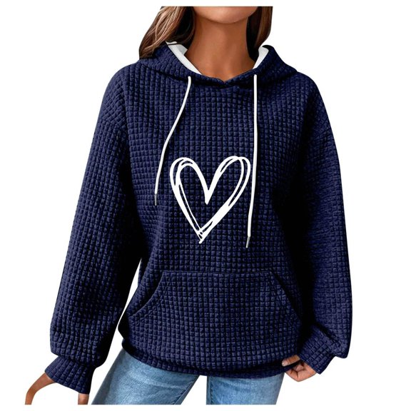 Womens Hoodie Fall Classic Hooded Long Sleeve Kimono Cold Shoulder Hoody Heart Print Leisure Cotton Hoodies Sweatshirts(Navy,L)