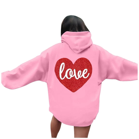 Womens Hoodie Fall Winter Women's Valentine's Day Couples Matching Heart Print Hooded Long Sleeve Loose Casual Sweatshirt Ladies Sweatshirts Pink S
