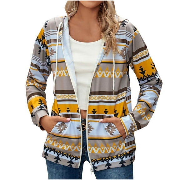 Womens Hoodie Full Zip Up Jacket Fashion Printed Sweatshirt Long Sleeve Hooded Tops Lightweight Fleece Hoodies Fall Winter Loose Casual Zipped Outwear with Pockets yellow XXL