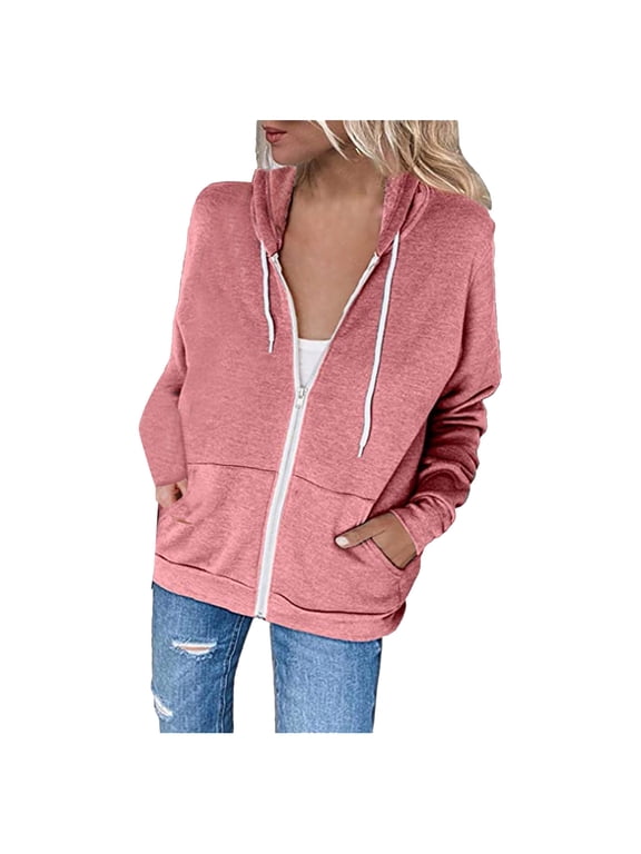 Womens Hoodie Full Zip Long Sleeve Lightweight Sweatshirts Pockets Jacket Coat