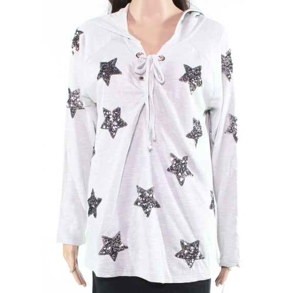 Womens Hoodie Heather Plus Star Sequin Lace Up Neck 1X