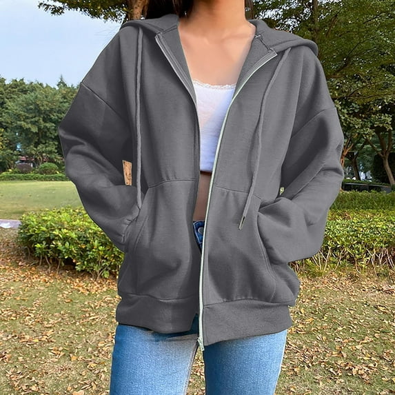 Womens Hoodie Jackets,2024 Zip Up Hoodies for Women Fall Oversized Sweatshirt Y2K Clothing Solid Color Drawstring Jacket with Pockets