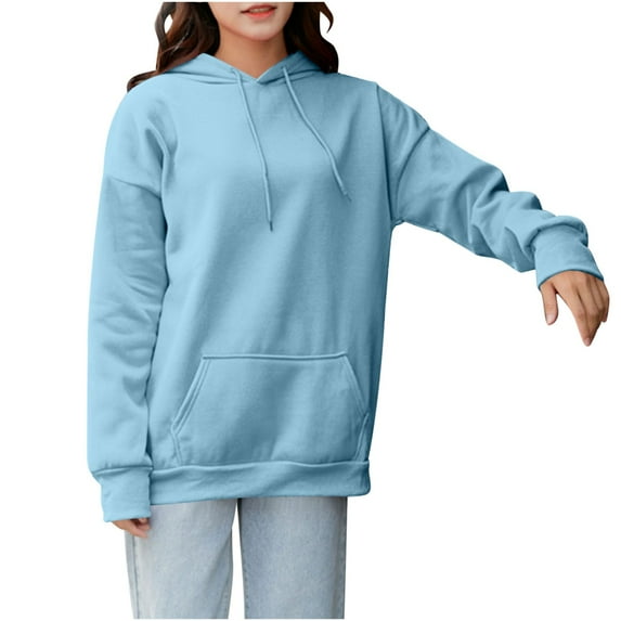 Womens Hoodie Long Sleeve Hooded Sweatshirt Fleece Teens Girls Hoodies Solid Color Hooded Tops Casual Pullover Fleece Lined Hoodie Sweater with Front Pocket