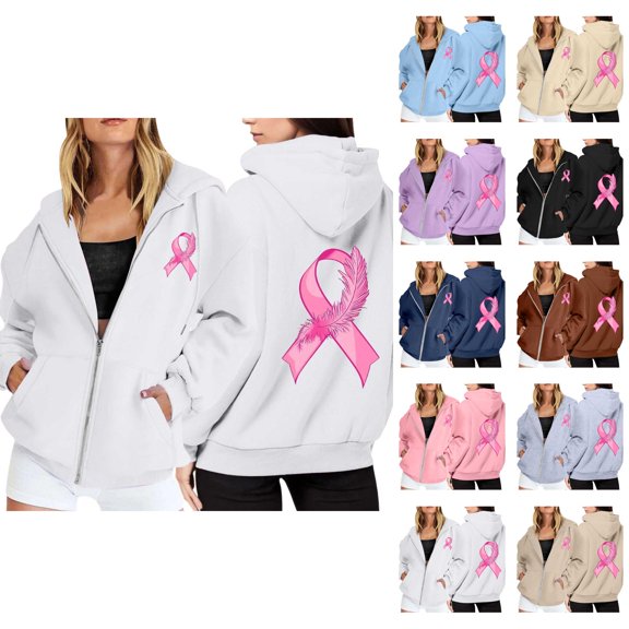Womens Hoodie Oversized Hoodies Women's Zip Up Hoodie Pullover Cancer Awareness Month Long Sleeve Pocket Drawstring Casual Sweatshirt For Everyday Wear White - XXXL