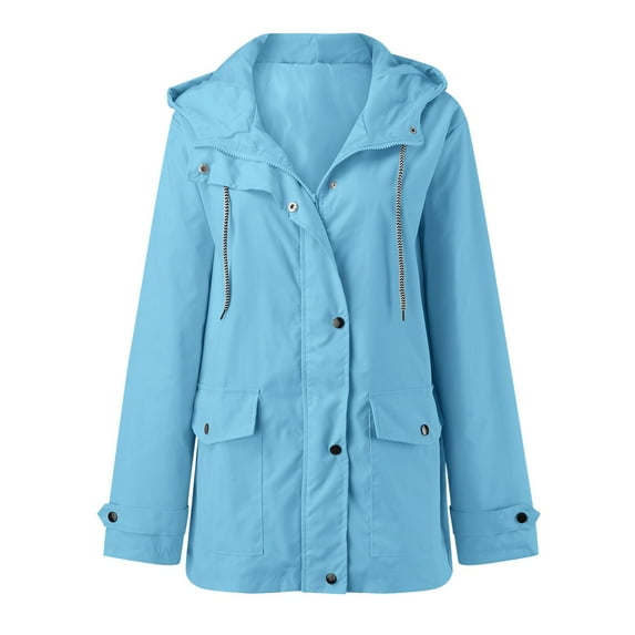 Womens Hoodie Rain Watertight Coat Solid Pockets Zipper Jacket Workout Outdoor Windproof Rain Jacket