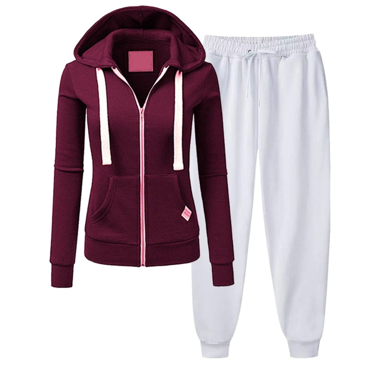 Deals Womens Hoodie Sets 2 Piece Outfits Sweatpants And Sweatshirt Set For Women Full Zip Jacket and Joggers Sportswear XL Wine 02