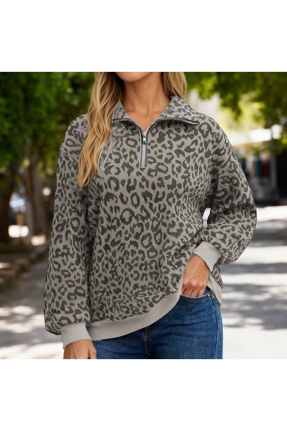 Womens Hoodie Shape Retentive Leopard Print Long Sleeve Collared Quarter Zip Loose Pullover Sweatshirt Womens Sweatshirt Brown XXL