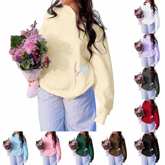 Womens Hoodie Star Print Oversized Stretch Knit Hooded Pullover Sweatshirt Adjustable Drawstring Storage Side Pockets Womens Sweatshirts
