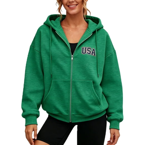 Womens Hoodie USA Letter Print Full Zip Up Sweatshirt Oversize Tops Long Sleeve Hooded Jacket with Pockets Solid Color Plus Size Coat Clothes