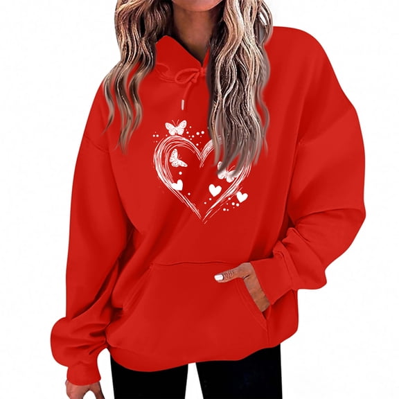 Womens Hoodie Valentines Day Heart Print Hoodies Trendy Long Sleeve Pullover Sweatshirts