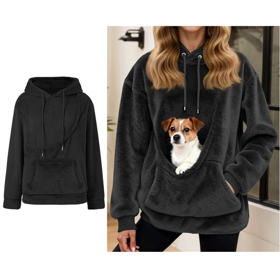 Womens Hoodie With Dog Pouch Fleece Pullover Dog Carrier Sweatshirt Creative Long Sleeve Oversized Pocket Kangaroo Hoodie Winter Clothes