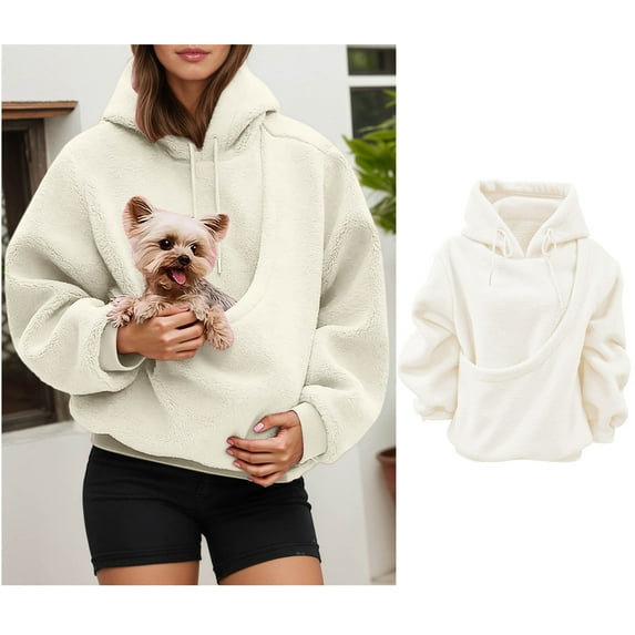 Womens Hoodie With Pet Pouch Oversized Fleece Pet Carrier Hoodies Long Sleeve Large Pocket Pullover Shirt for Women Winter Clothes