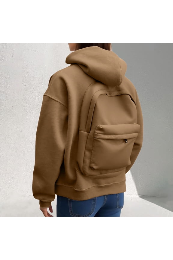 Womens Hoodies Backpack Design Loose Fit Solid Print Hooded Long Sleeve Zip Up Cardigan Jacket for Outdoor Wear Sweatshirts for Women Coffee XXXL