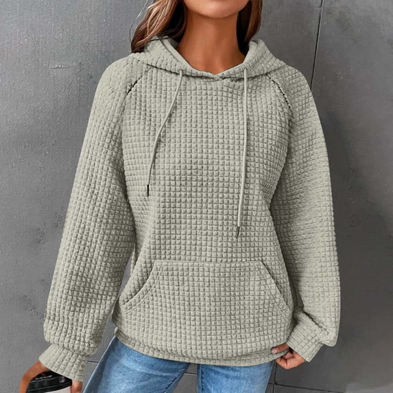 Womens Hoodies Casual Long Sleeve Drawstring Waffle Pullover Tops Plain Solid Color Basic Loose Hooded Sweatshirt with Pocket