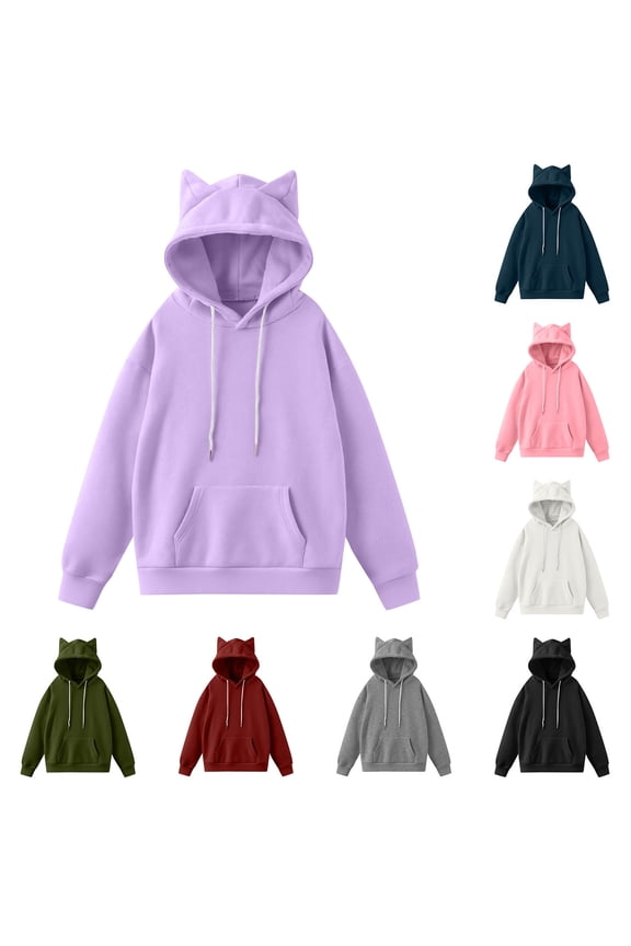 Womens Hoodies Casual Solid Color Round Neck Long Sleeved Pullover Hooded Top Loose Hooded Sweatshirts