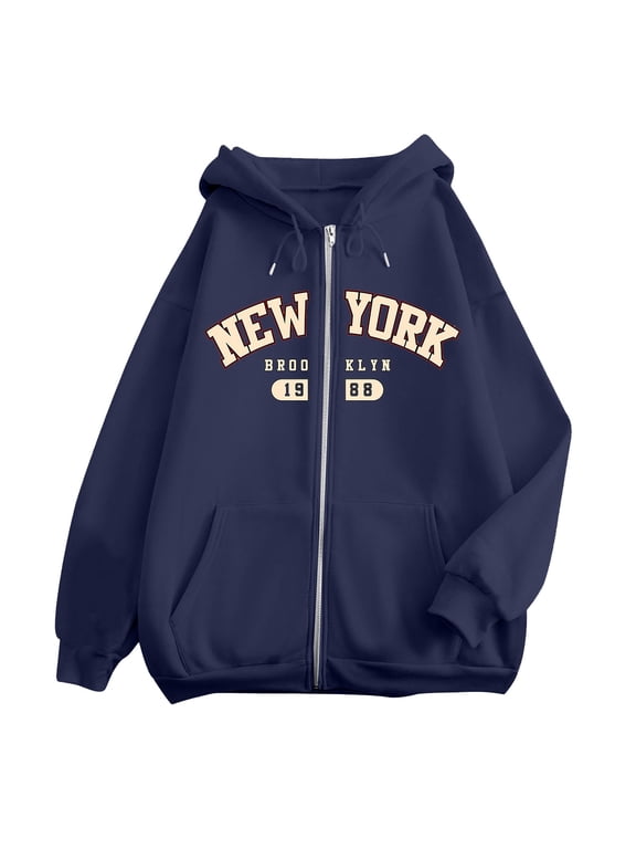 Womens Hoodies Casual Vintage New York Brooklyn Letter Graphic Full Zip Hooded Sweatshirt Zip Up Jacket Streetwear Y2K Outerwear Top S