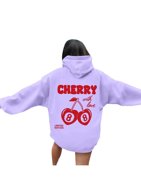 Womens Hoodies Cherry Graphic Back Print Oversized Pullover Hooded Sweatshirt Y2K Streetwear Top L