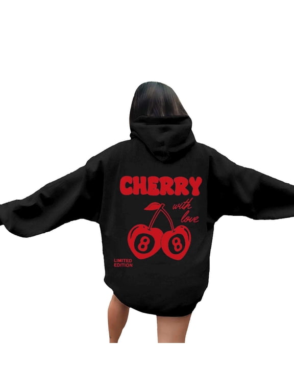 Womens Hoodies Cherry Graphic Back Print Oversized Pullover Hooded Sweatshirt Y2K Streetwear Top L