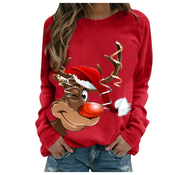 Womens Hoodies Christmas Reindeer Print Hooded Long Sleeves Sweatshirt Casual Pullover Tops, L