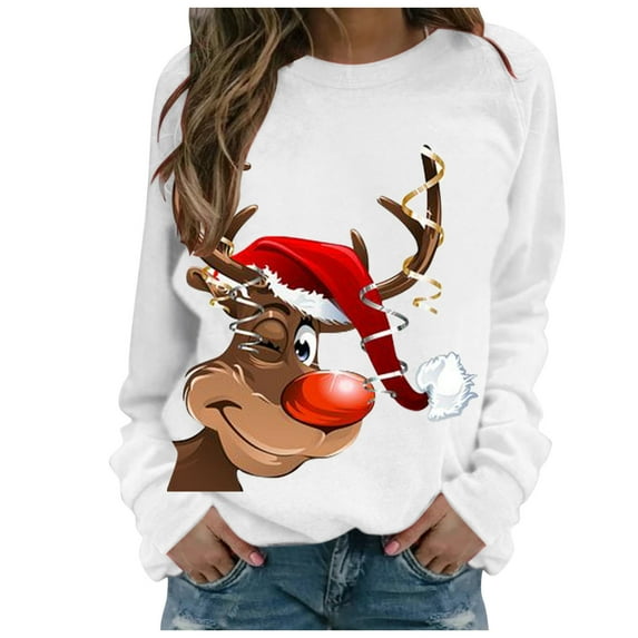 Womens Hoodies Christmas Reindeer Print Hooded Long Sleeves Sweatshirt Casual Pullover Tops, M