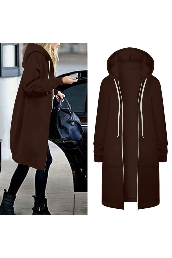 Womens Hoodies Coat Fall Winter Warm Pockets Drawstring Zipper Open Thin Hooded Jackets Long Cardigans Tops Outwear Printed Jacket Women Women Jacket Colla Jackets for Women Petite Jackets Women