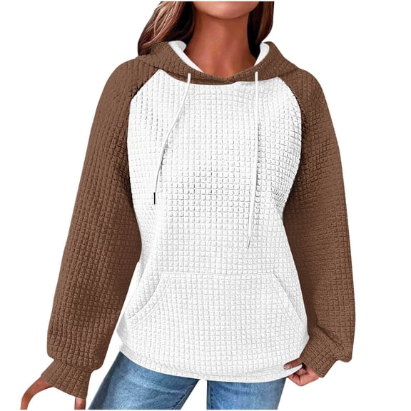 Womens Hoodies Color Block Casual Long Sleeve Drawstring Waffle Pullover Tops Loose Hooded Sweatshirts With Pocket (XXL, Brown)