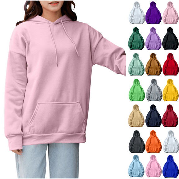 Womens Hoodies Comfy Pullover Long Sleeved Solid Color Sweatshirt Casual Tops Pink 4XL