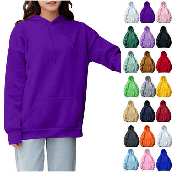 Womens Hoodies Comfy Pullover Long Sleeved Solid Color Sweatshirt Casual Tops Purple M
