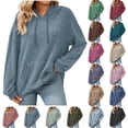 thumbnail image 1 of Womens Hoodies Comfy Pullover Long Sleeves Loose Solid Color Pocket Drawstring Casual Tops Navy 2XL, 1 of 7
