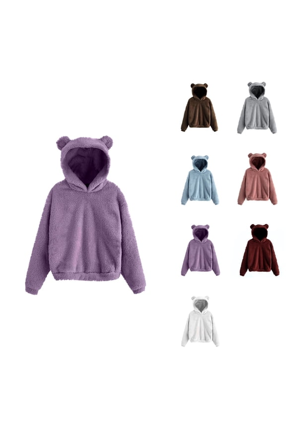 Womens Hoodies Cute Teddy Bear Ears, Long Sleeve Soft Warm Pullover, Casual Loose Fall Outwear