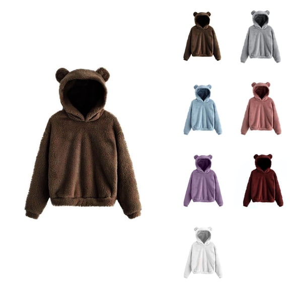 Womens Hoodies Cute Teddy Bear Ears, Long Sleeve Soft Warm Pullover, Casual Loose Fall Outwear