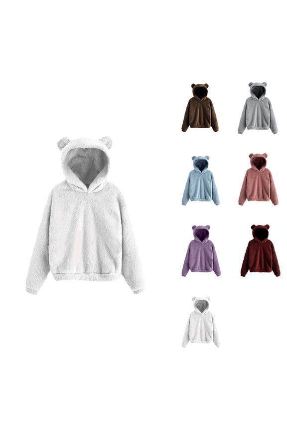 Womens Hoodies Cute Teddy Bear Ears, Long Sleeve Soft Warm Pullover, Casual Loose Fall Outwear