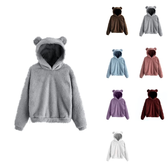 Womens Hoodies Cute Teddy Bear Ears, Long Sleeve Soft Warm Pullover, Casual Loose Fall Outwear