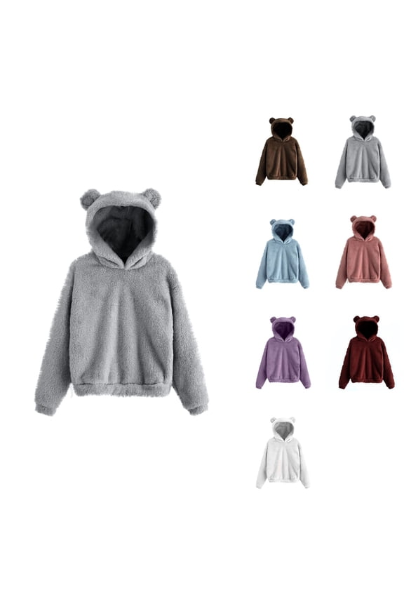 Womens Hoodies Cute Teddy Bear Ears, Long Sleeve Soft Warm Pullover, Casual Loose Fall Outwear