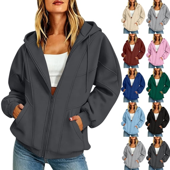 Womens Hoodies Dqueduo Women's Solid Color Thickened Fleece Zip-Up Hooded Long Sweater Jacket – Casual Winter Coat Dark Gray XL