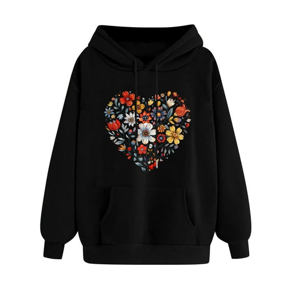 Womens Hoodies Drawstring Hooded Sweatshirts with Pockets Long Sleeve Tops Floral/Hearts Printed Sweater Casual Fleece Lined Pullover Comfy Loose Fit Coats with Hood Womens Sweatshirtss Size 8-16