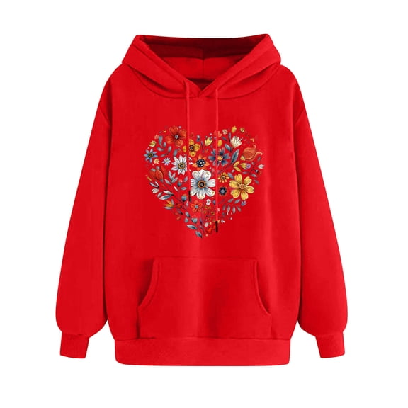 Womens Hoodies Drawstring Hooded Sweatshirts with Pockets Long Sleeve Tops Floral/Hearts Printed Sweater Casual Fleece Lined Pullover Comfy Loose Fit Coats with Hood Womens Sweatshirtss Size 8-16