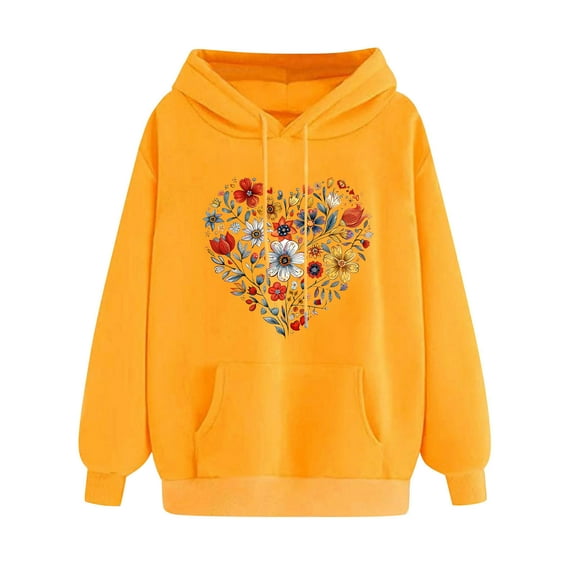Womens Hoodies Drawstring Hooded Sweatshirts with Pockets Long Sleeve Tops Floral/Hearts Printed Sweater Casual Fleece Lined Pullover Comfy Loose Fit Coats with Hood Womens Sweatshirtss Size 8-16