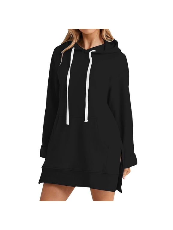 Womens Hoodies Dress Drawstring Side Slit Pullover Hooded Sweatshirt Loungewear Leisure Top 2XL