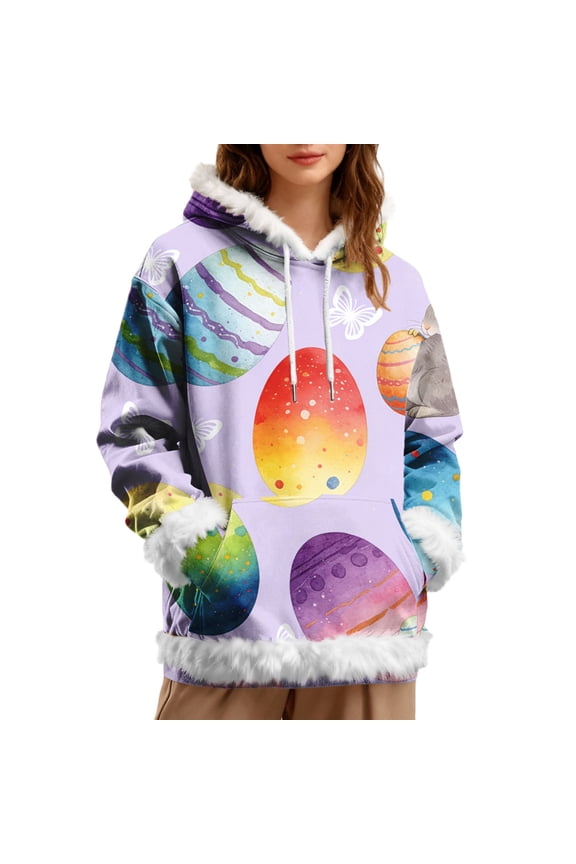 Womens Hoodies Easter Cute Fun Print Fleece Comfort Hooded Pullover Sweaters for Women Multicolor 2Xl