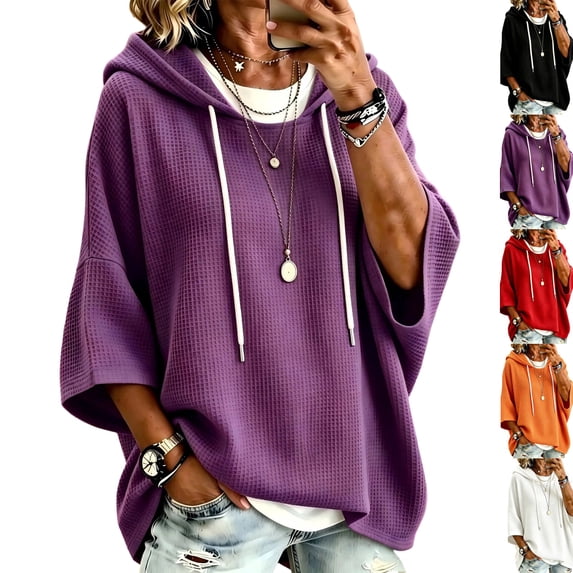 Womens Hoodies Fashion Baggy Sweaters Loose 3/4 Length Sleeve Drawstring Sweatshirt Fall Winter Waffle Knit Tops Purple XL
