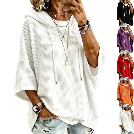 Womens Hoodies Fashion Baggy Sweaters Loose 3/4 Length Sleeve Drawstring Sweatshirt Fall Winter Waffle Knit Tops White 2XL